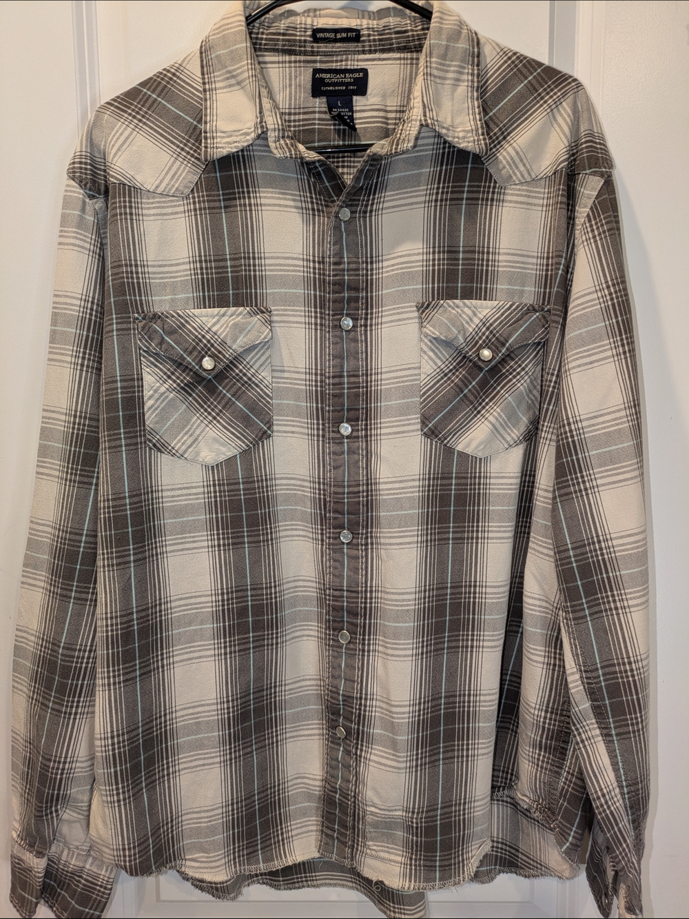 American Eagle Pearl Snap Western Plaid Shirt Vintage Slim Fit Size L